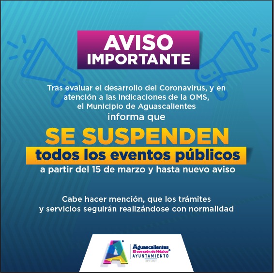 Municipio de Aguascalientes suspende eventos públicos